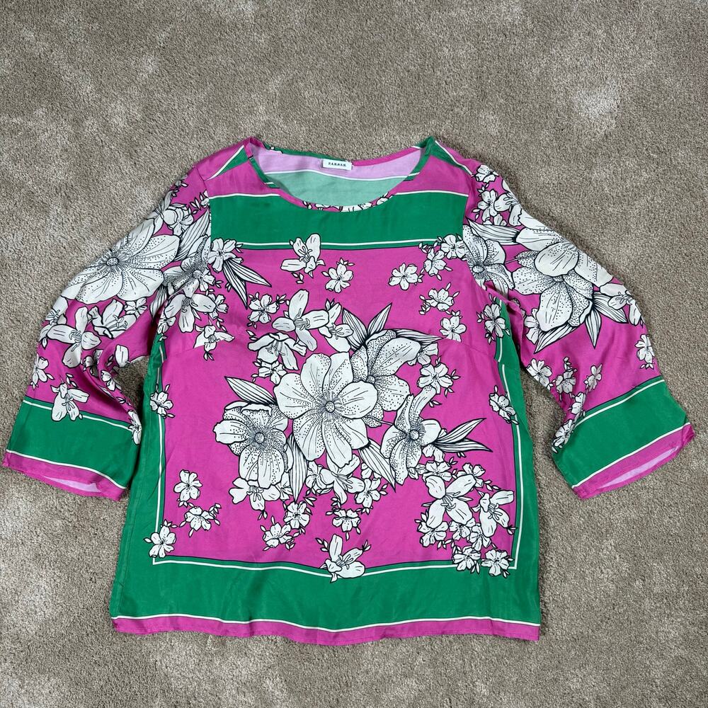 P.a.r.o.s.h‎ Blouse Top Womens XL Floral Printed 100% Silk 3/4 Sleeves Italy